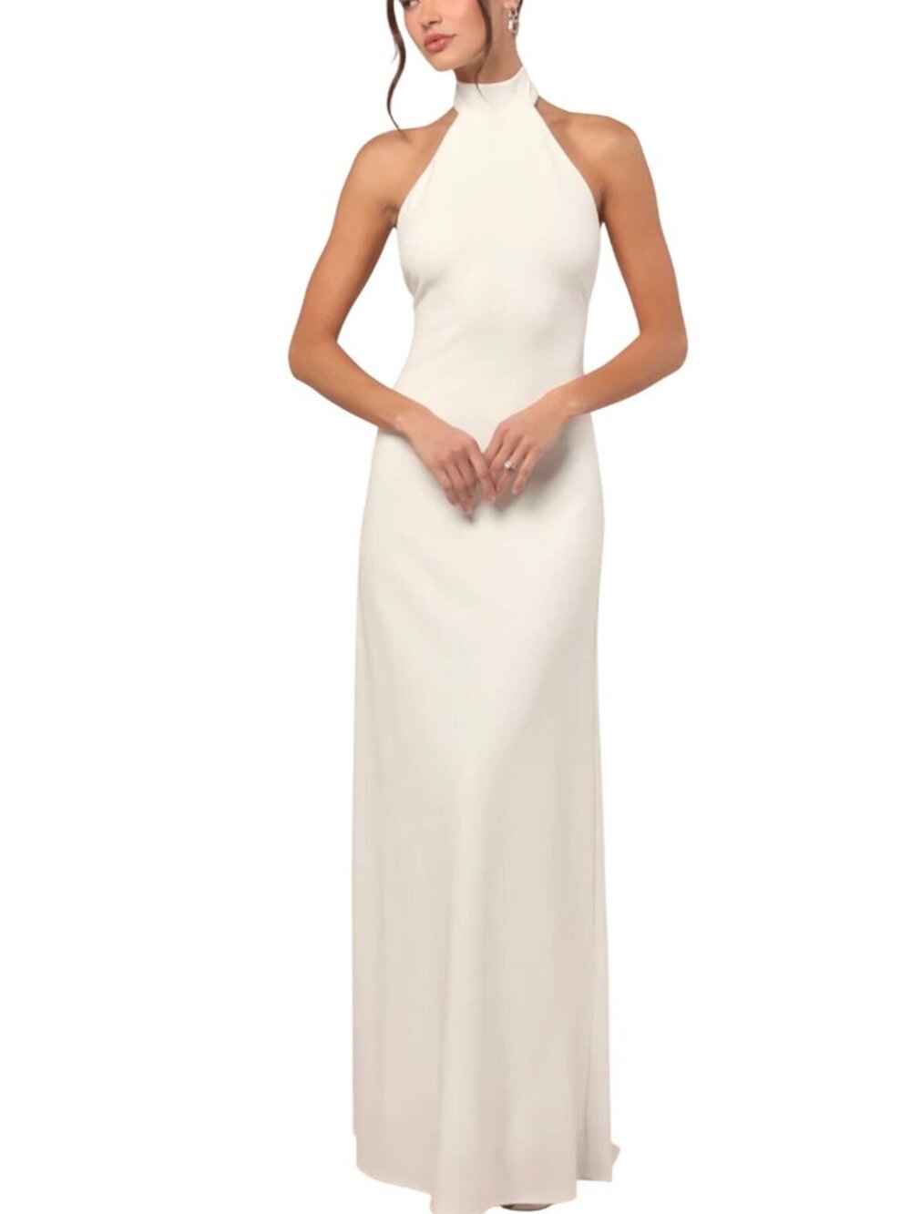 Lulus Alaura White Backless Halter Maxi Wedding Dress Gown Sz LG Minimalist Chic